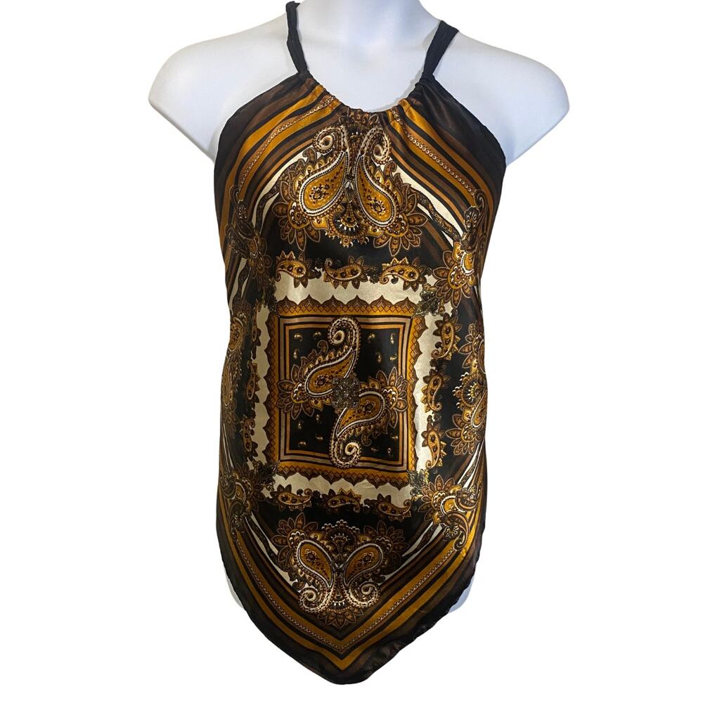 Lispstick VTG Y2K Black Gold Paisley Satin Bandana Handkerchief Top Sz L